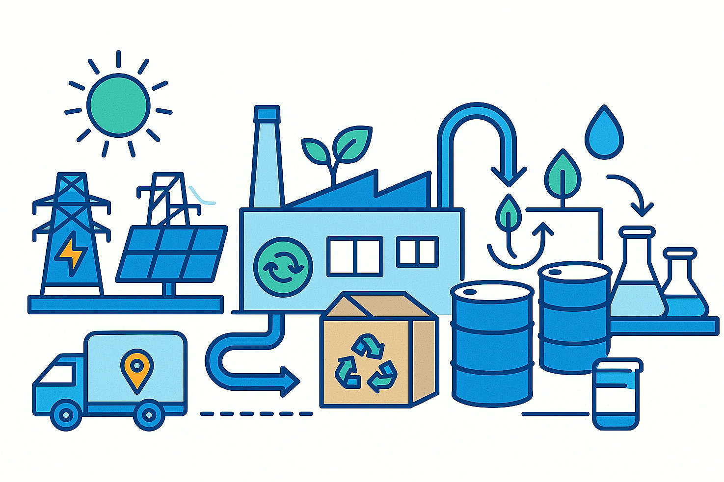 Illustration de la durabilité environnementale dans les opérations chimiques spécialisées avec énergie renouvelable, boucles d'eau, réutilisation des emballages et logistique