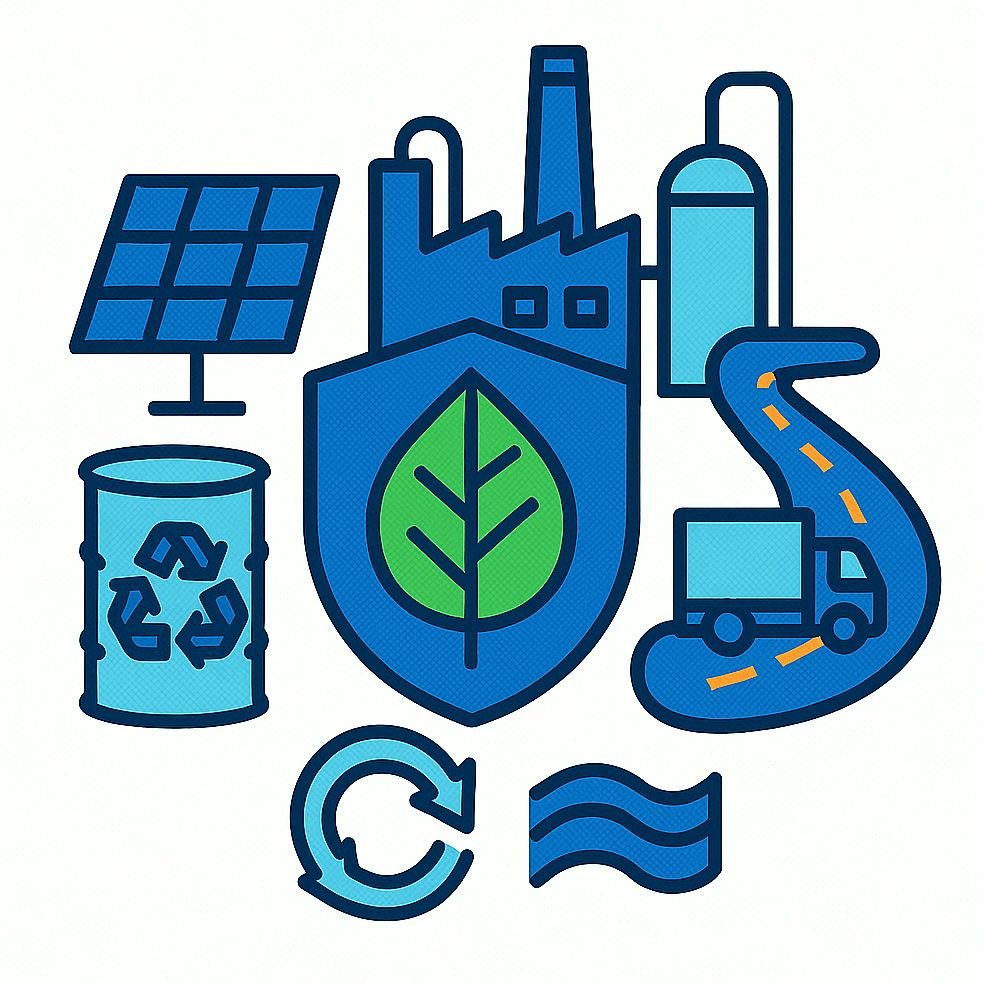 Illustration de la durabilité environnementale avec énergie renouvelable, eau, emballage et logistique