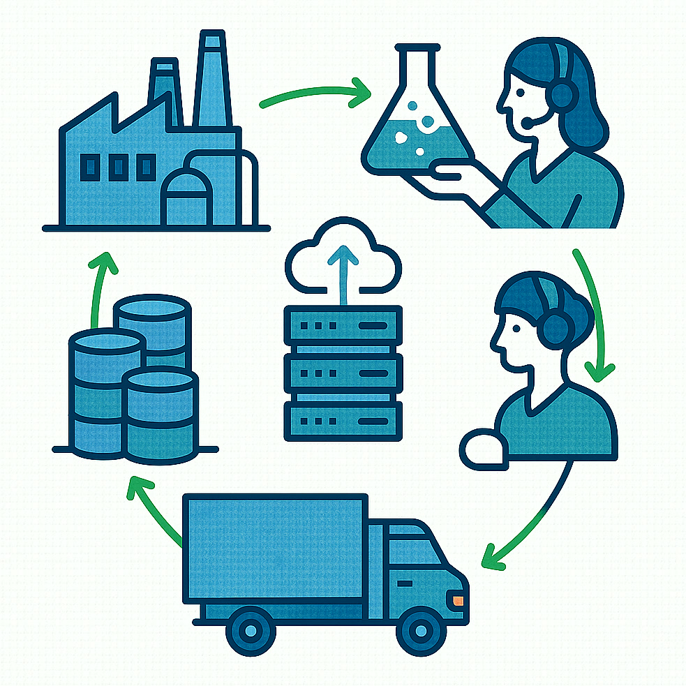 Illustration des pratiques commerciales durables couvrant la production, la logistique, le conseil et les services informatiques