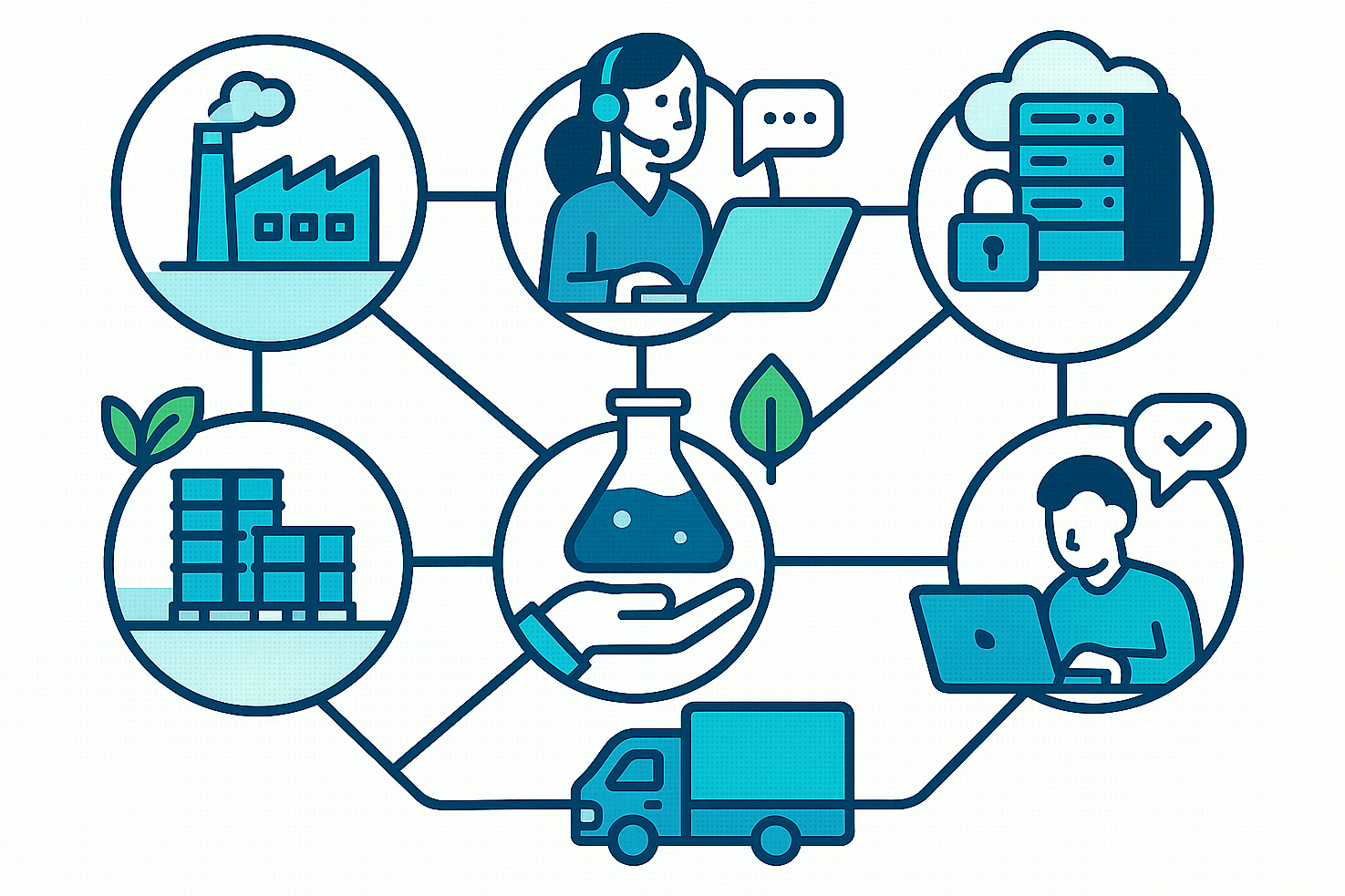 Illustration des pratiques commerciales durables couvrant la production, les bureaux, la logistique, le conseil et les services informatiques