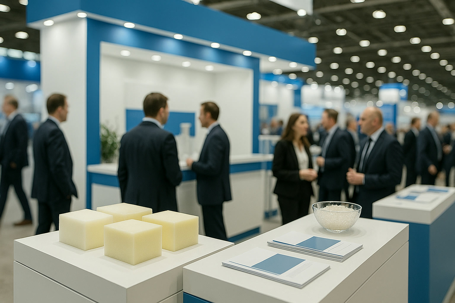 Stand du salon avec échantillons de mousse et matériaux spécialisés