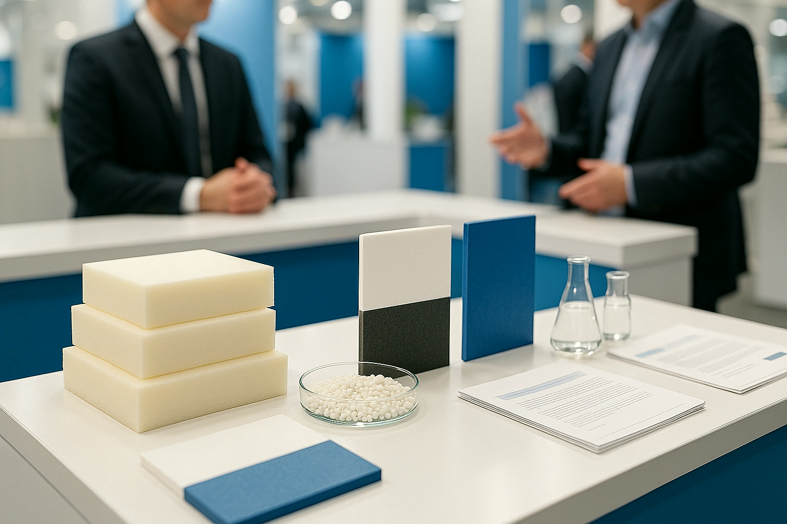 Échantillons de mousse et de polymères sur un comptoir de salon