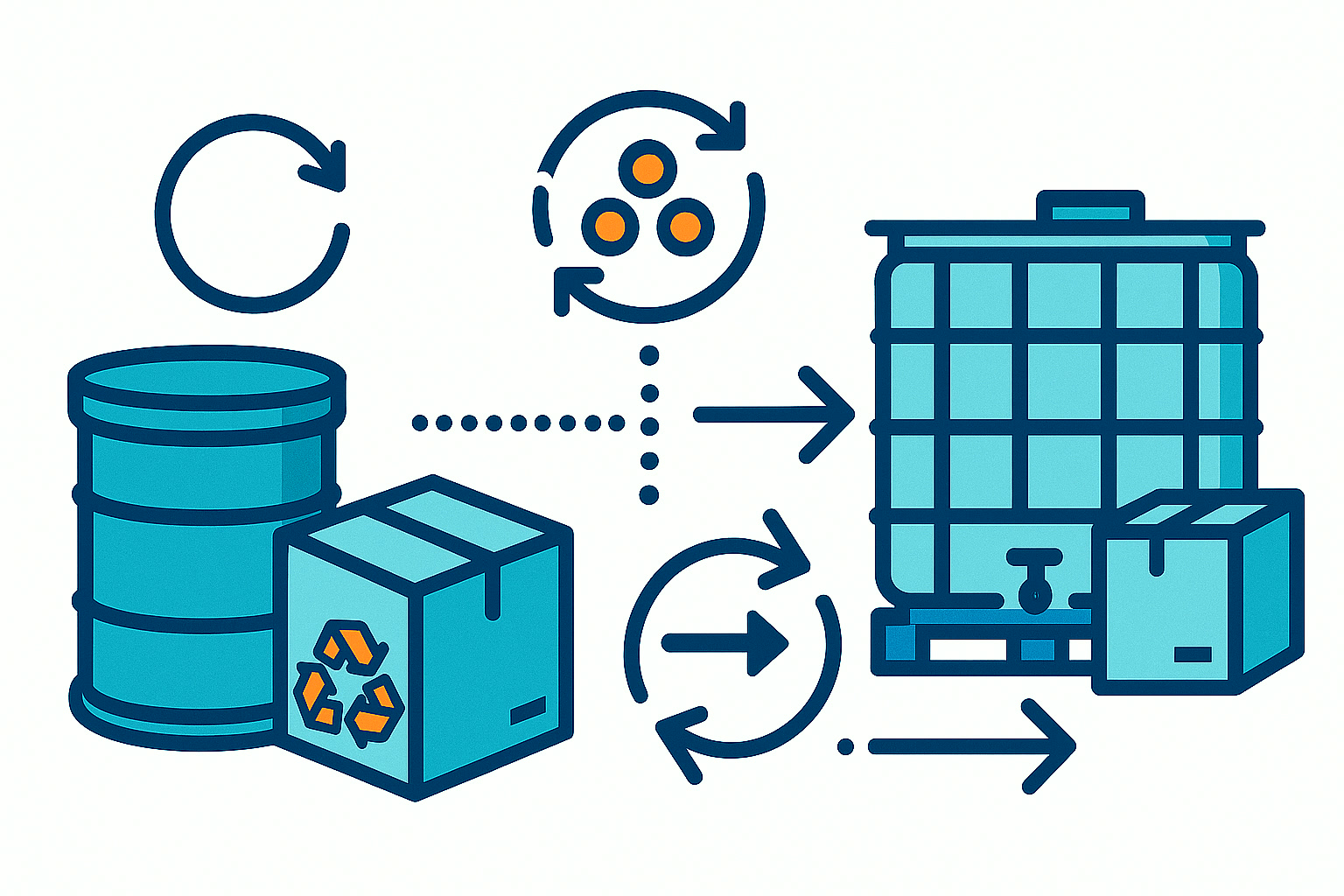 Illustration de conteneurs réutilisables, de granulés recyclés et d'emballages dans un environnement logistique propre