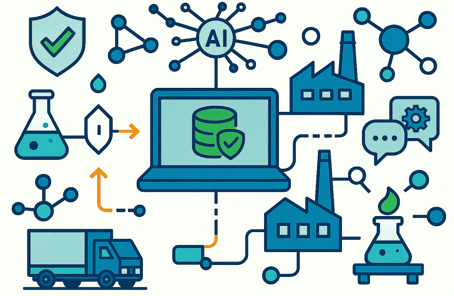 Illustration d'une infrastructure numérique sécurisée et contrôlée par l'entreprise connectant les opérations industrielles, la logistique et le support client