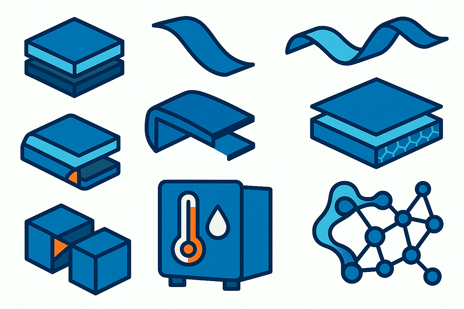 Illustration d'échantillons de tests adhésifs industriels, vieillissement thermique et humide, matériaux flexibles et réseau de liaison final