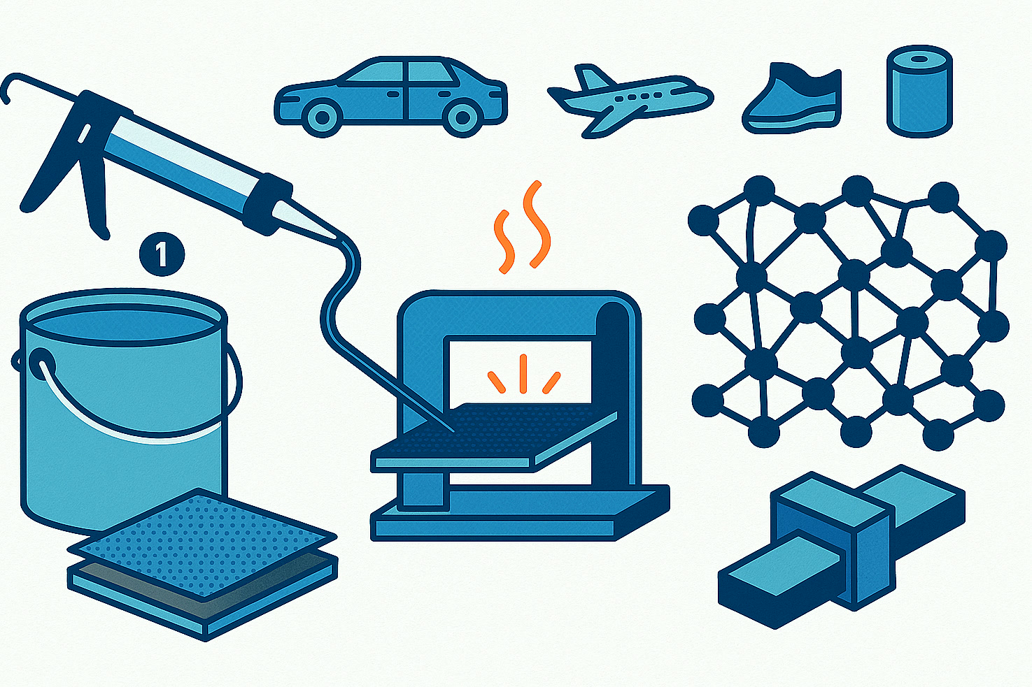 Illustration d'un procédé adhésif monocomposant avec activation thermique et réseau de liaison réticulé final