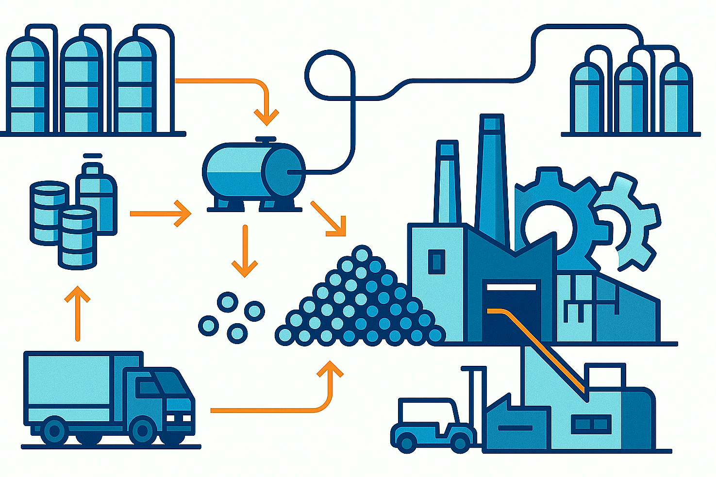 Illustration de plusieurs sites de production et d'itinéraires logistiques soutenant un approvisionnement fiable en produits chimiques spécialisés